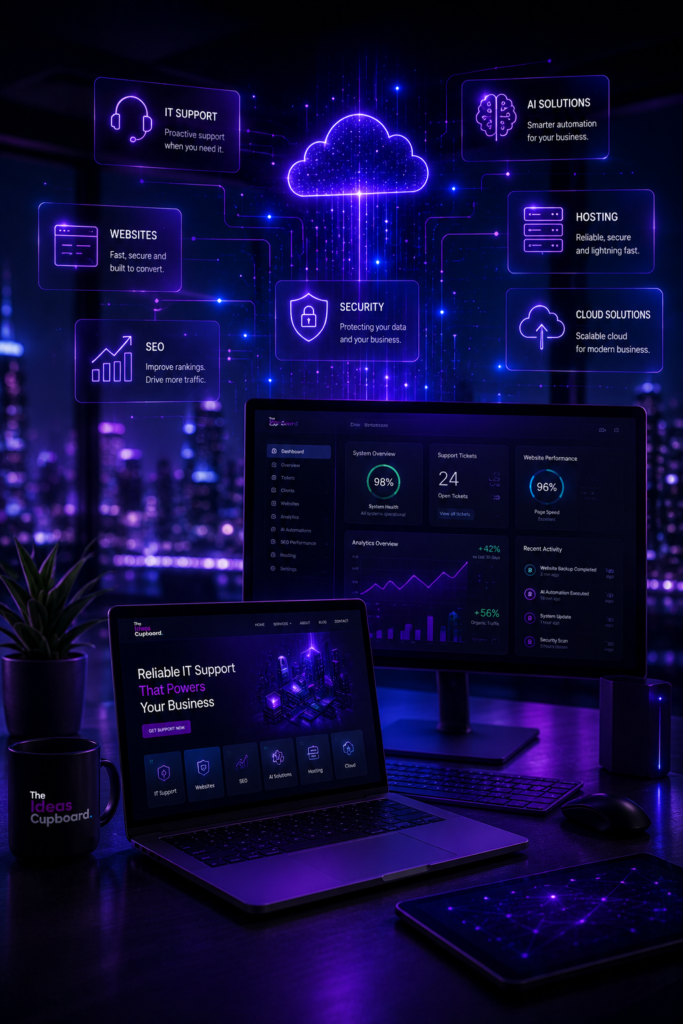 Modern business technology workspace with cloud and digital service interfaces